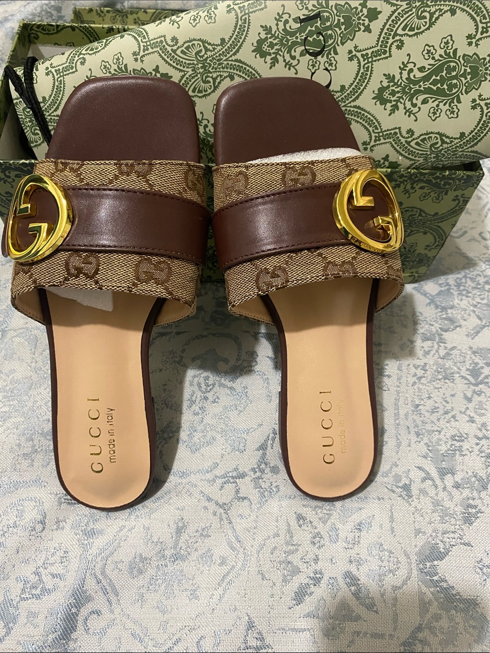 Gucci Brown GG Canvas & Leather Slide Mules with Gold Double G - Picture 3 of 12